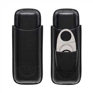 MYON 2PCS CIGAR-CASE WITH CUTTER REAL LEATHER BLACK