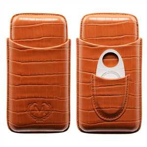 MYON 3PCS CIGAR-CASE WITH CUTTER REAL LEATHER BROWN